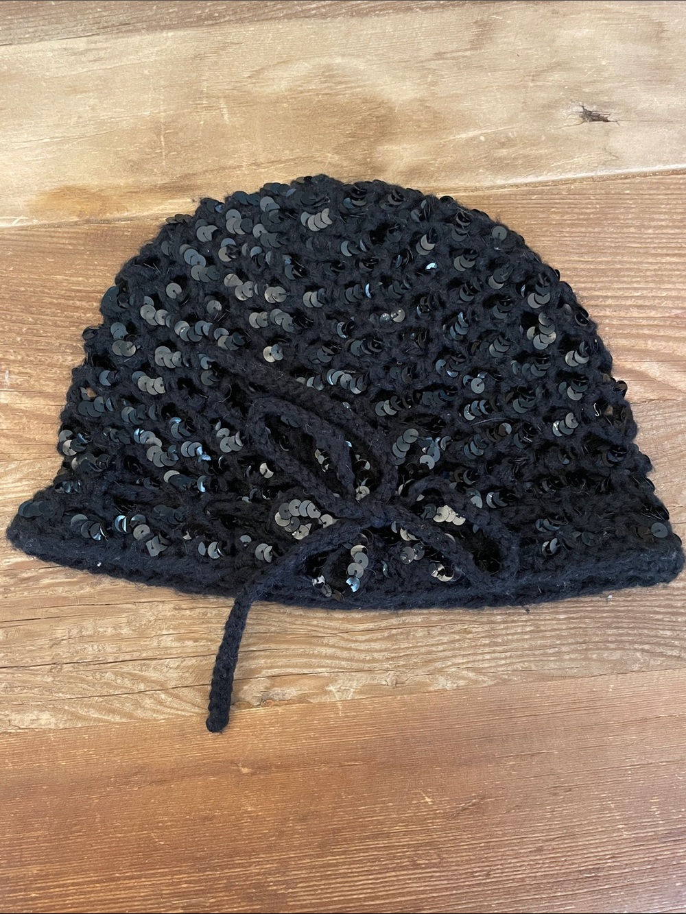 Express Black Sequin Knit Beanie with Tie Detail